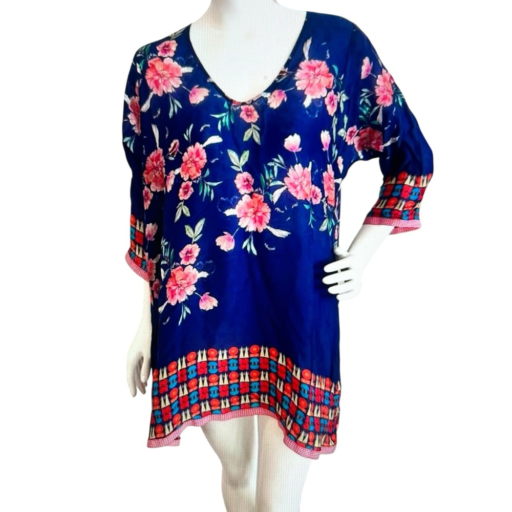 Johnny Was Cupra Rayon Floral Tunic XS Navy Boho Embroidered Trim Resort Artwear